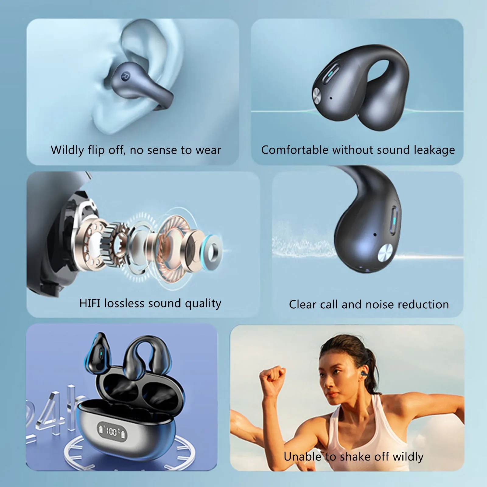 Ear-Clip Bluetooth 5.3 Stereo Earphones Waterproof Wireless Headphone