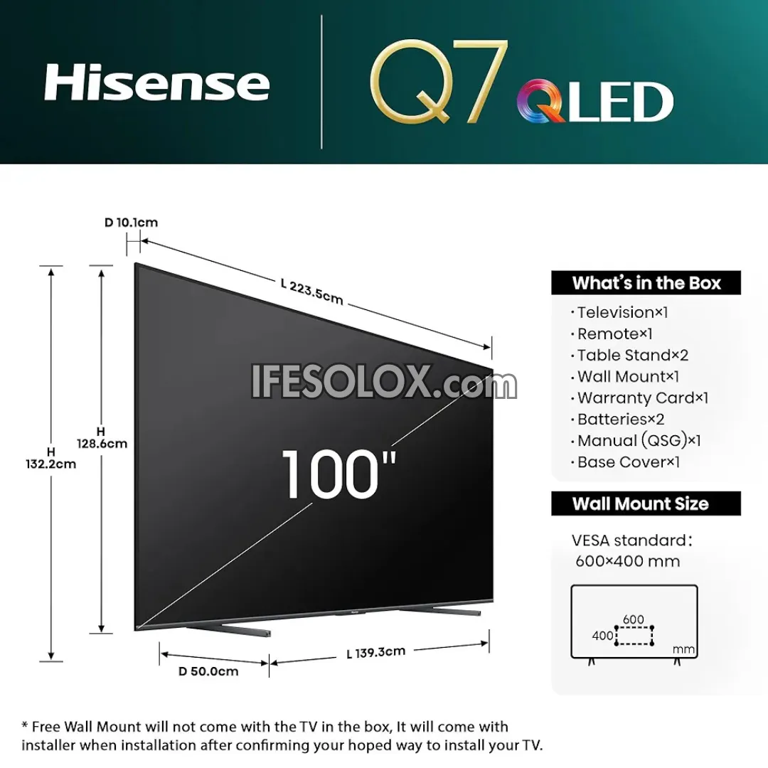 Hisense 100 inch QLED 100Q7N Quantum HDR 144Hz Smart 4K UHD QLED TV   1 Year Warranty (Free Wall Mount) - Brand New