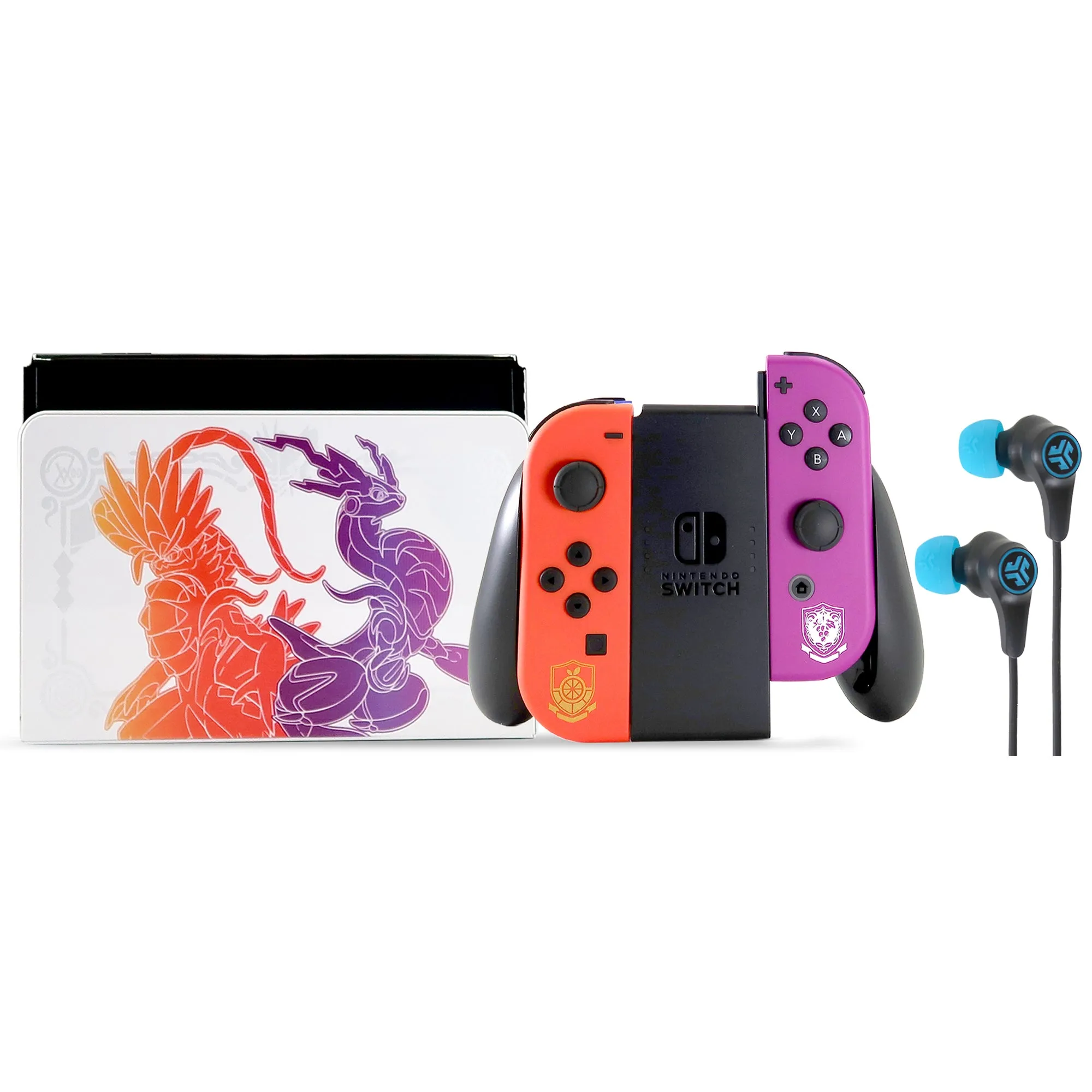 Nintendo Switch Console OLED Model Pokémon Scarlet & Violet Edition with JLab Play Gaming Wireless Bluetooth Earbuds - Black/Blue