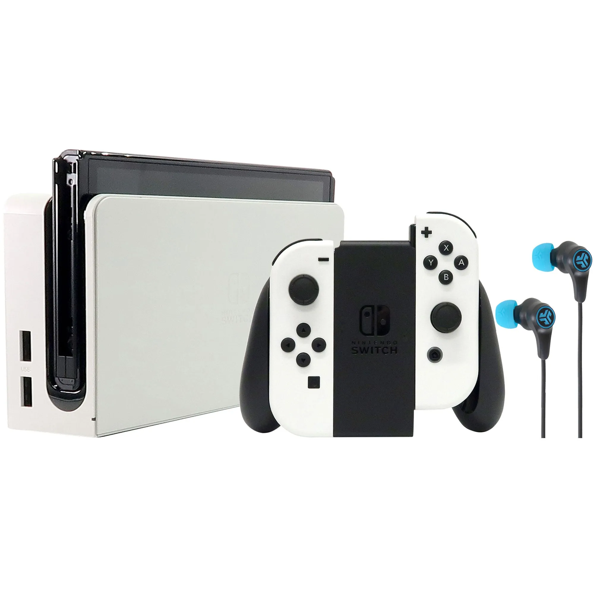 Nintendo Switch (OLED model) with White Joy-Con and JLab Play Gaming Wireless Bluetooth Earbuds - Black/Blue